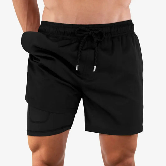 Short Híbrido de Ónix Negro, Bañador y Tronco de Resort con Forro de Compresión