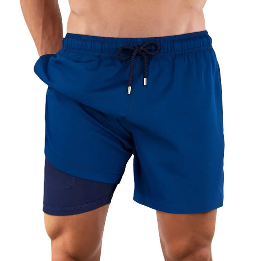 Pantalón Corto Híbrido Azul Zafiro, Bañador y Bermuda de Resort con Forro de Compresión