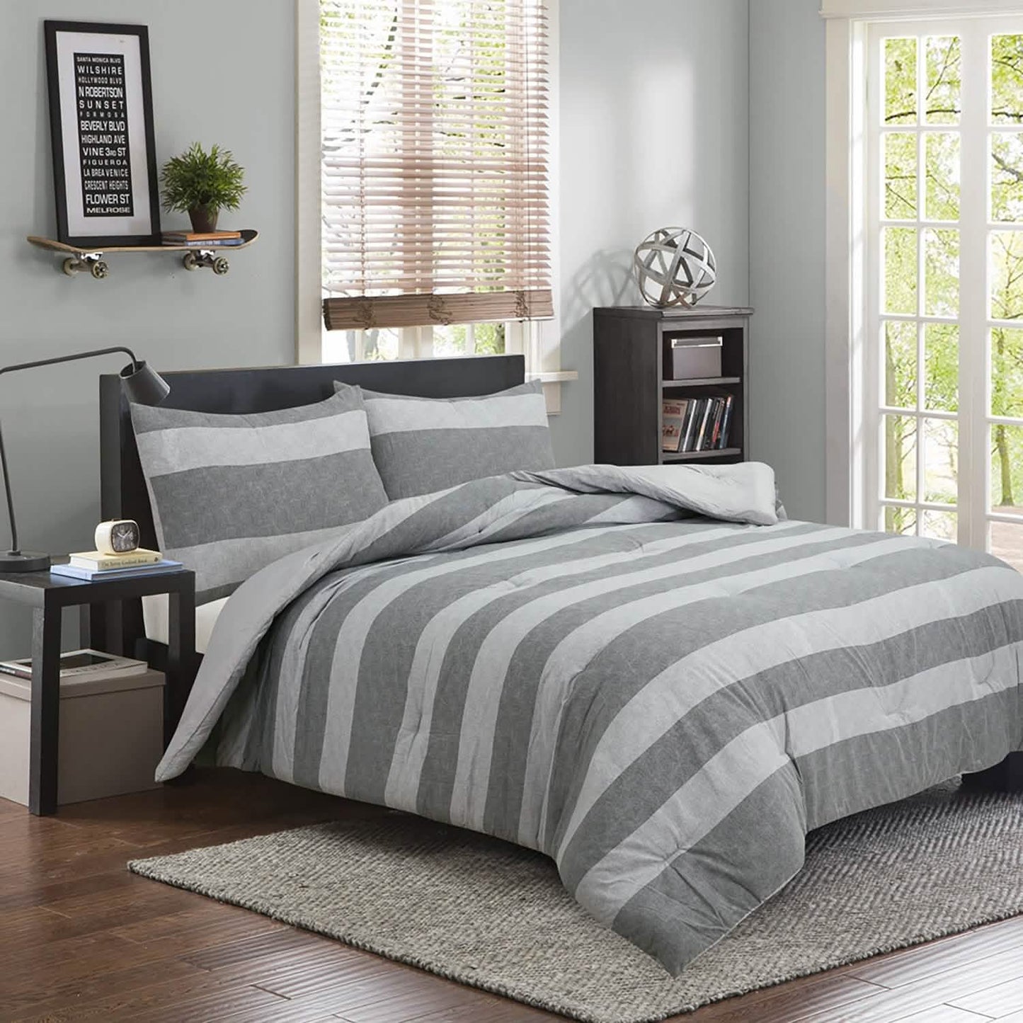 Juego de edredón Brooklyn Flat de espiga con rayas anchas en gris