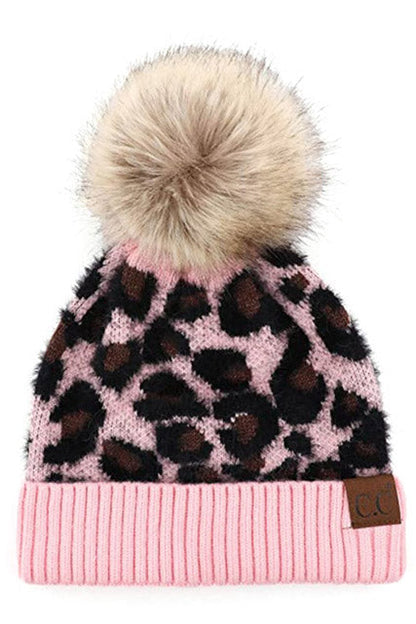 Gorro de lana con estampado de leopardo y pompón de piel sintética C.C