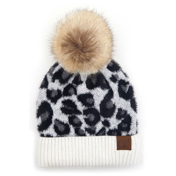 Gorro de lana con estampado de leopardo y pompón de piel sintética C.C