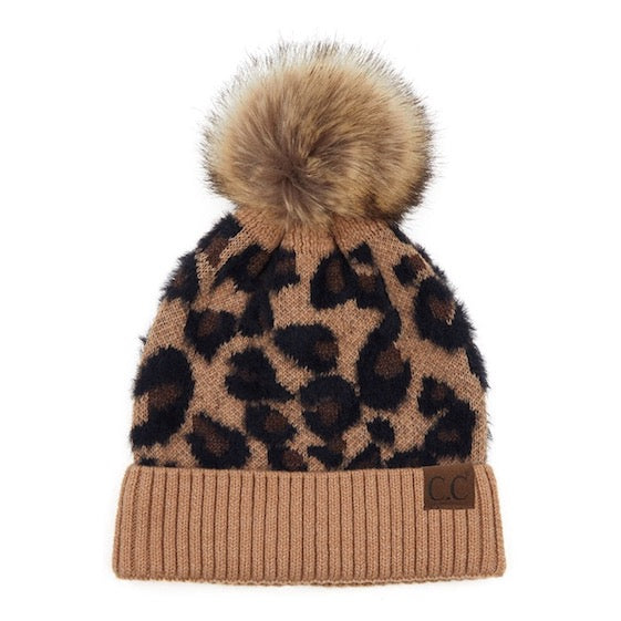 Gorro de lana con estampado de leopardo y pompón de piel sintética C.C