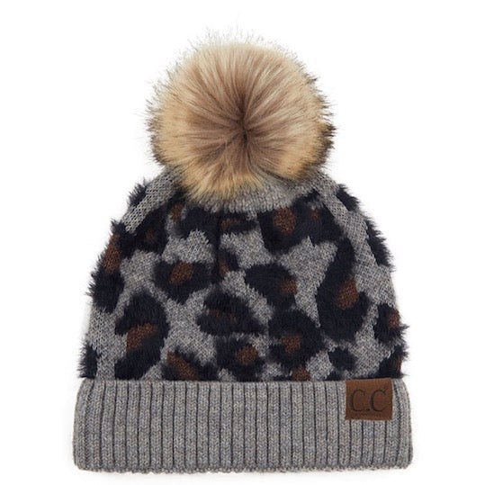 Gorro de lana con estampado de leopardo y pompón de piel sintética C.C