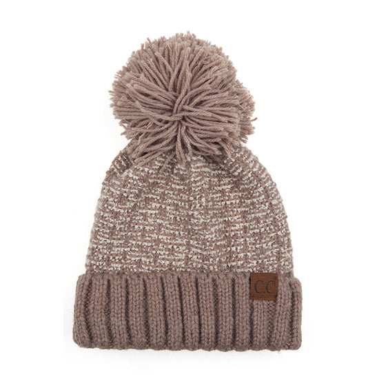 C.C Tweed Style Pattern Knitted Beanie Faux Fur Pom Pom Hat