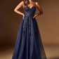 Ladivine C177 Vestido largo de tul brillante con apliques florales de encaje y corte en A