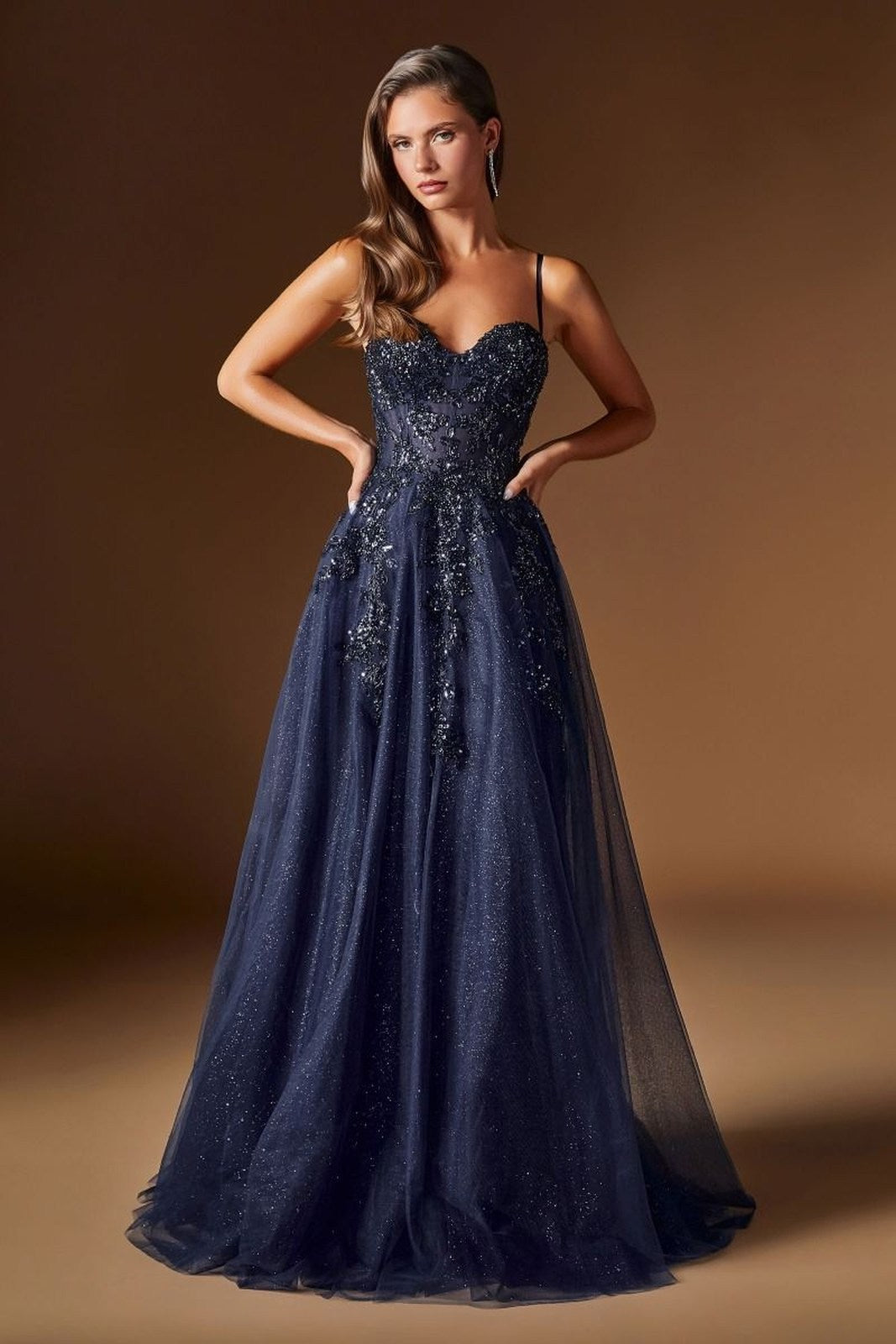 Ladivine C177 Vestido largo de tul brillante con apliques florales de encaje y corte en A