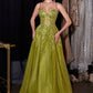 Ladivine C177 Vestido largo de tul brillante con apliques florales de encaje y corte en A
