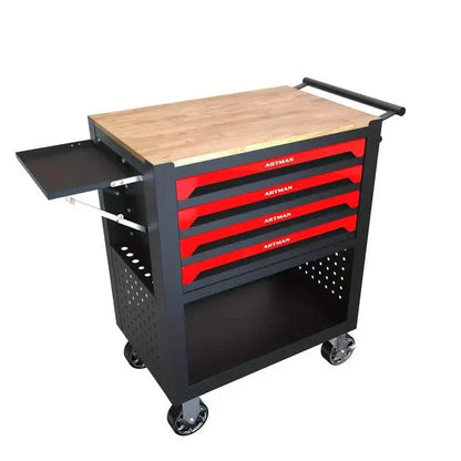Carro de herramientas multifuncional de 4 cajones con ruedas y tapa de madera