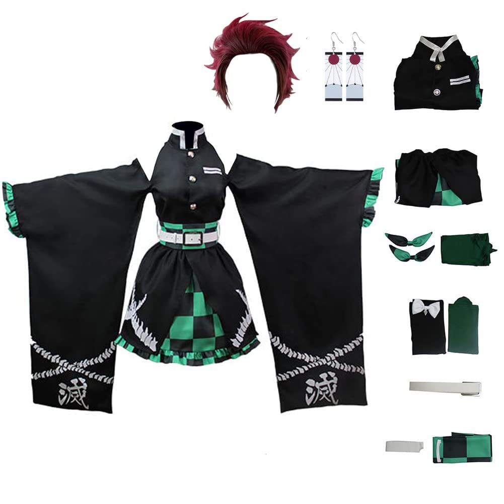 Disfraz de Cosplay Anime Kimono Halloween Falda sin Hombros Traje de Shinobu con Aretes (3XL Verde-w)