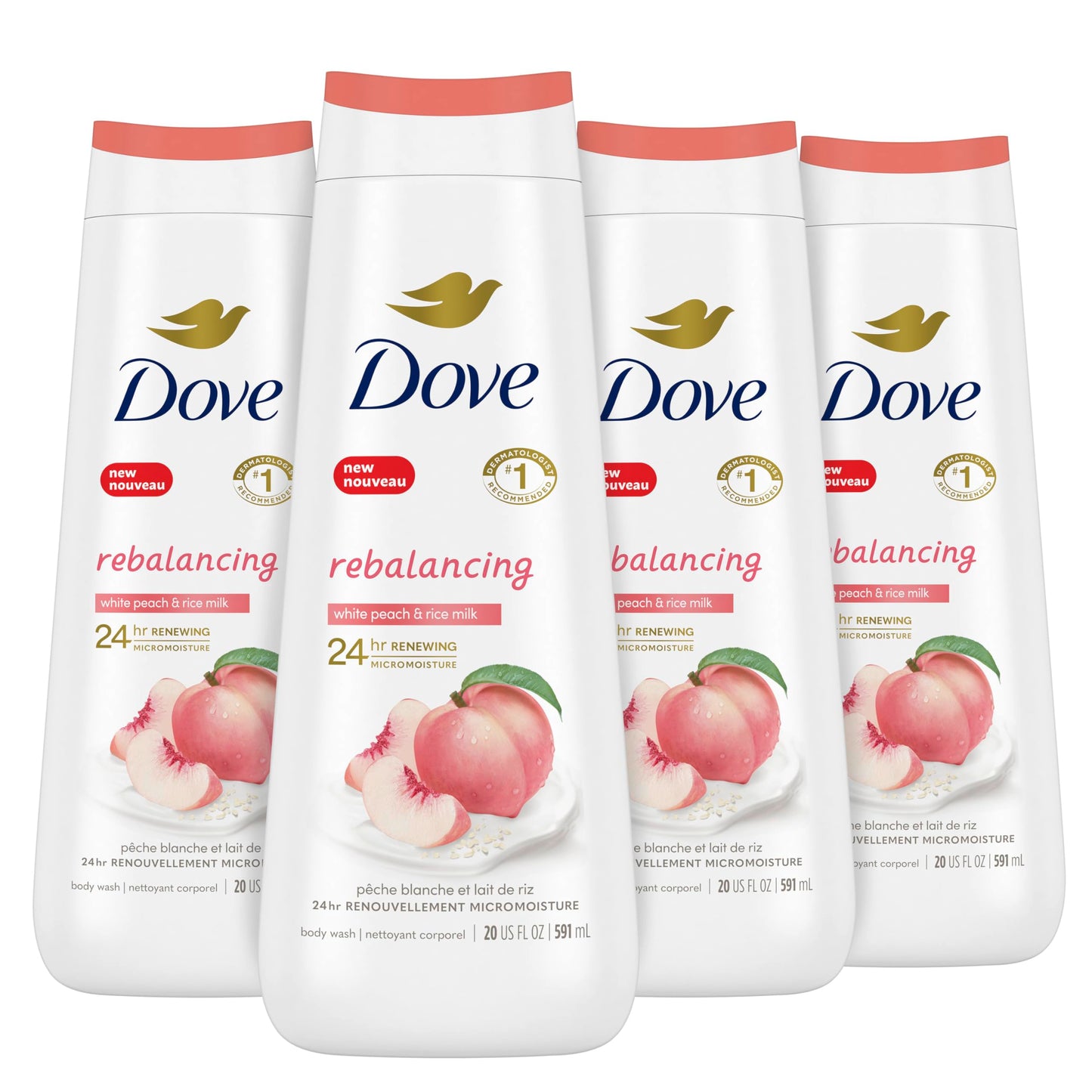 Dove Gel de Ducha Reequilibrante Melocotón Blanco y Leche de Arroz, Paquete de 4 para una Piel Renovada y de Aspecto Saludable, Limpiador Hidratante Suave con MicroHumectación Renovadora de 24 horas, 20 oz