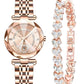 Women Watches with Bracelet Rose Gold for Lady Elegant Stainless Steel Strap Fashion Analog Creative Dial Wrist Watch (Rose Gold)