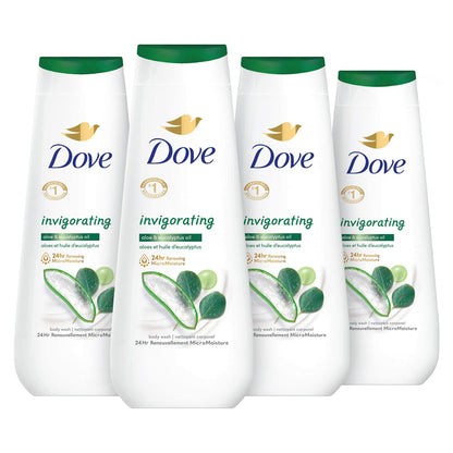 Dove Body Wash Vigorizante con Aloe y Eucalipto, paquete de 4 unidades, para piel seca, refresca y tonifica la piel, 20 oz