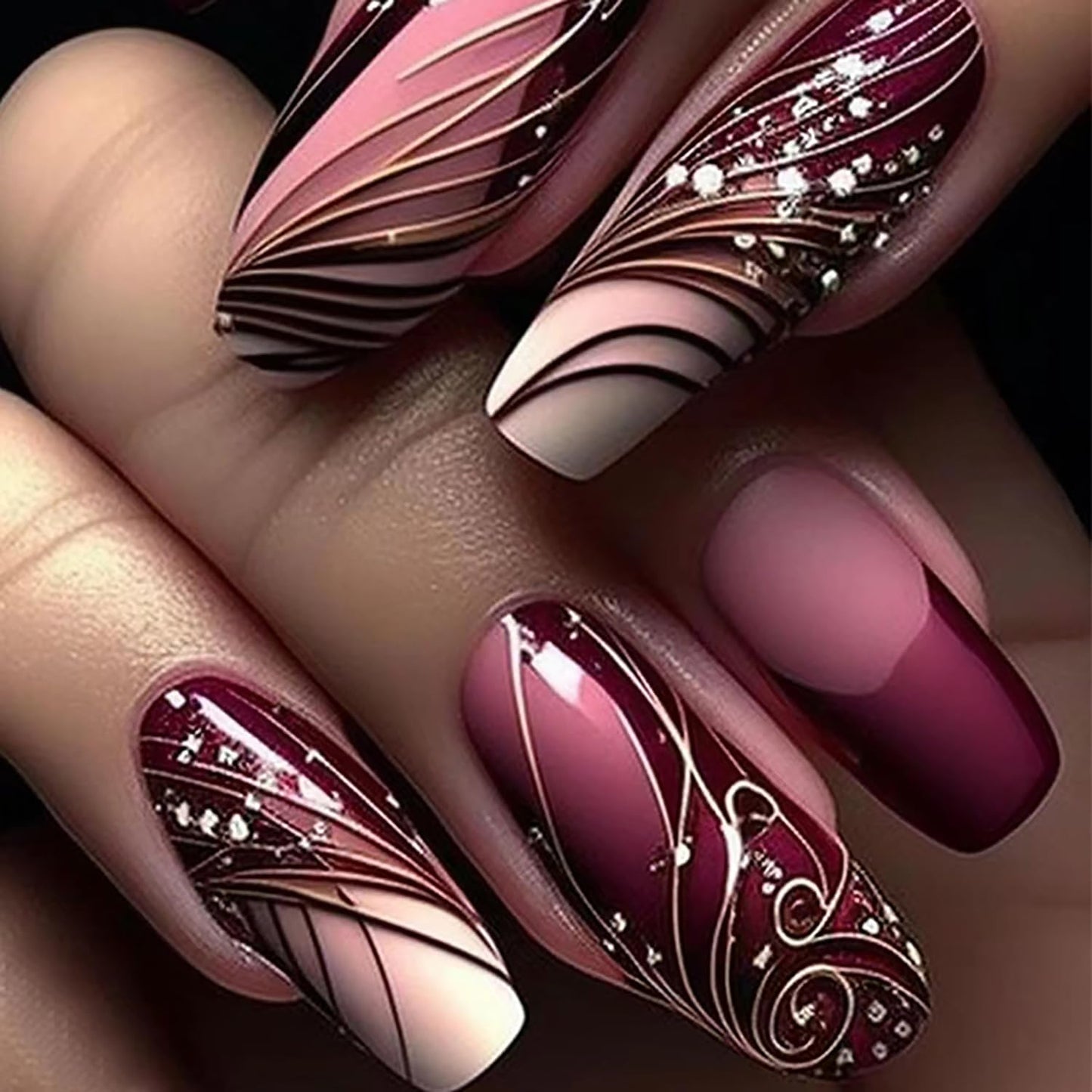 LOPMNGHT 24 Uñas Postizas de Presión de Longitud Media Forma de Ballet Rojas Francesas con Diseño de Líneas Brillo Uñas Artificiales Adhesivas Cubierta Completa Uñas Acrílicas Tipo Ataúd Reutilizables con Pegamento para Mujeres