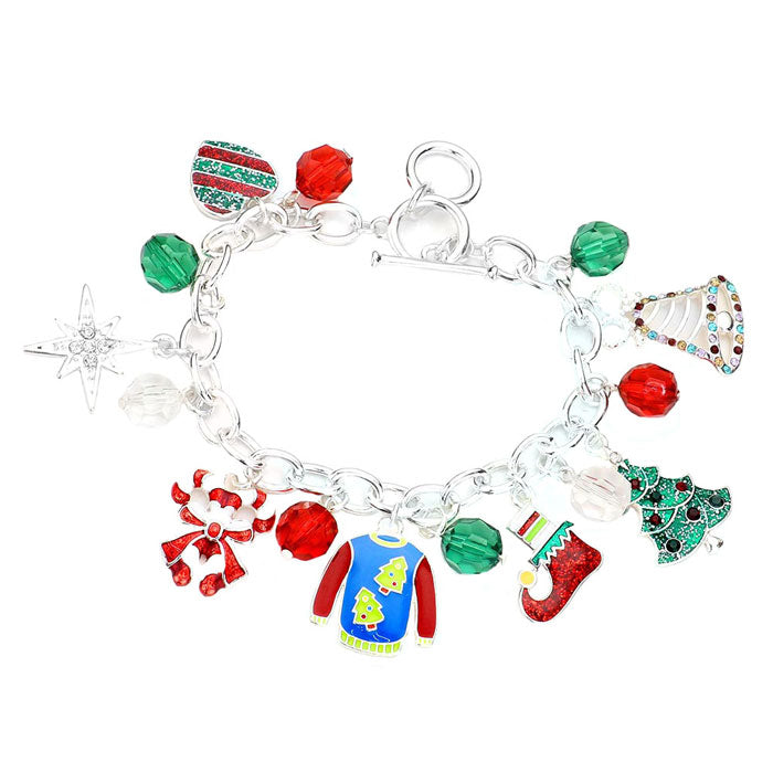 Candy Cane Christmas Tree Jingle Bell Charm Toggle Bracelet