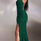 Cinderella Divine CC2162 Vestido de noche largo y brillante con corsé y ajuste elástico