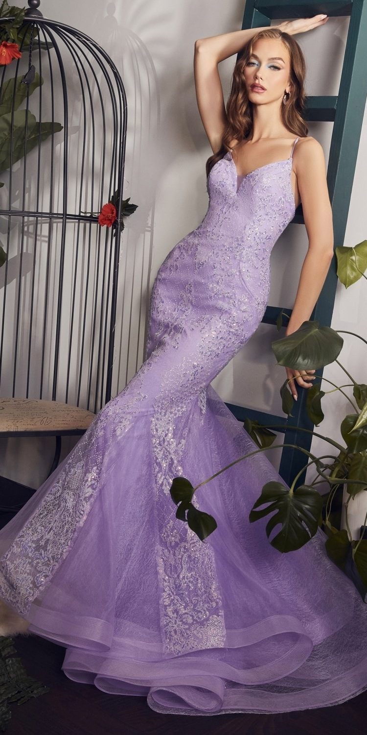 Cinderella Divine CC2279 Vestido largo de sirena con estampado de purpurina