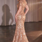 Vestido Acampanado con Lentejuelas y Diseño Floral en Oro Rosa Ladivine CC3700