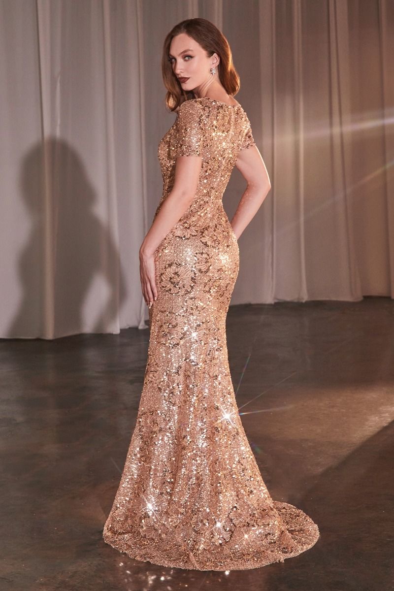Vestido Acampanado con Lentejuelas y Diseño Floral en Oro Rosa Ladivine CC3700