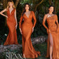 Cinderella Divine CD979 Long Slit Stretch Satin Gown with Gloves
