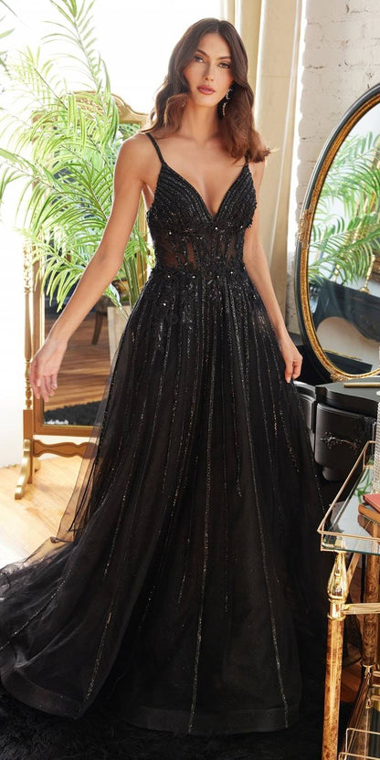 Cenicienta Divina CD994 Vestido largo de tul con pedrería, corte en A, detalle de encaje y escote en V