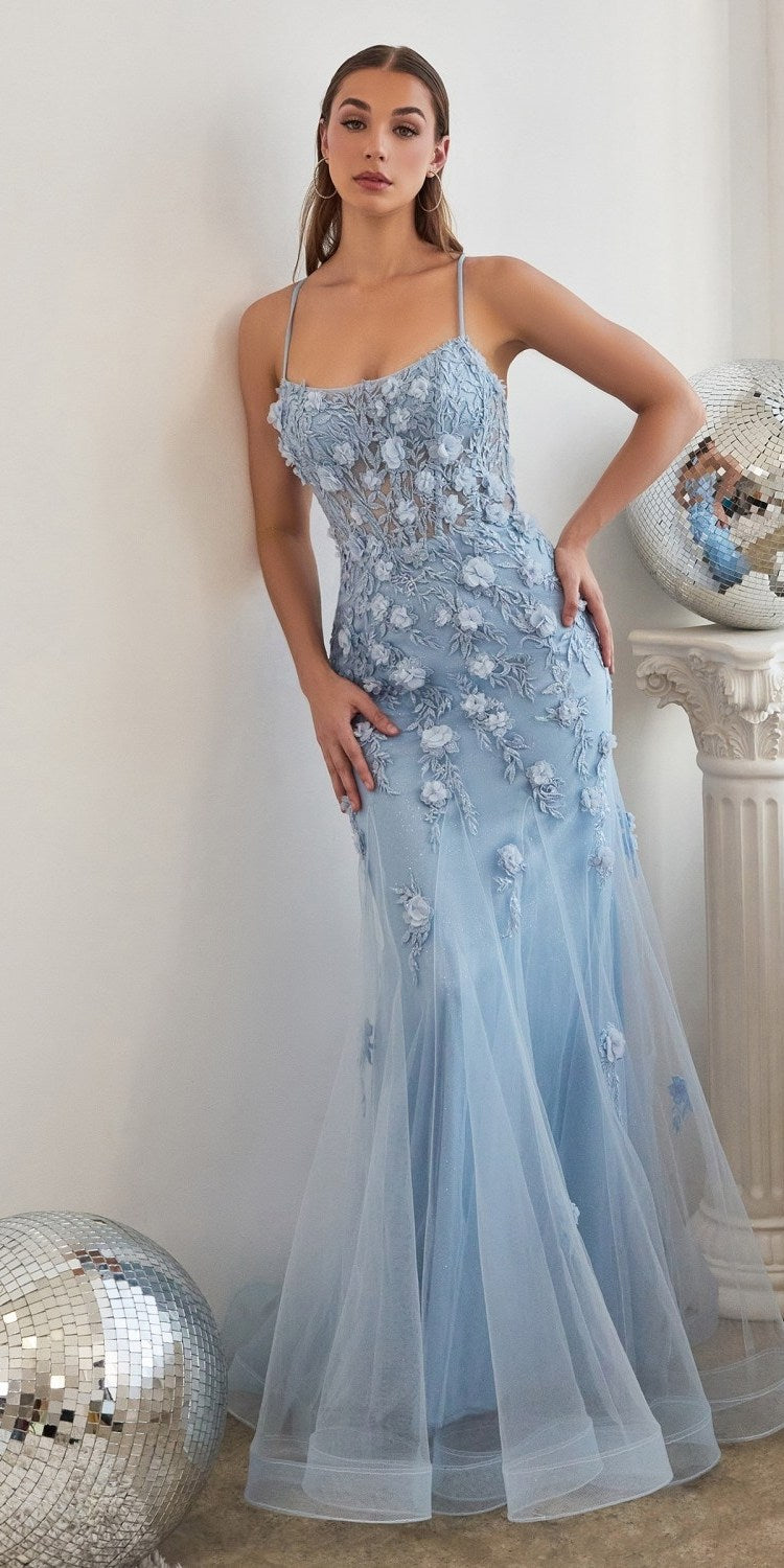 Vestido largo de tul entallado con apliques florales Ladivine CD995