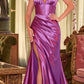 Vestido largo de noche Ladivine CH048 con cuello en V, halter, entallado, de satén con corsé en la cintura