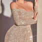 Cinderella Divine CH135 Long Sequin Off the Shoulder Long Sleeve Gown