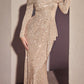 Cinderella Divine CH135 Long Sequin Off the Shoulder Long Sleeve Gown