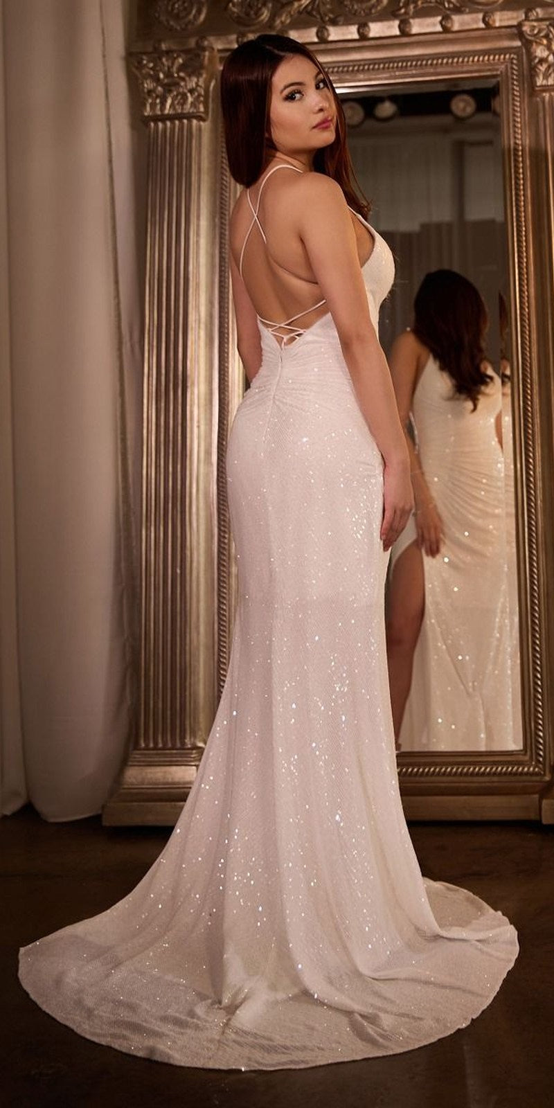 Ladivine CH225W Vestido Largo Ajustado de Lentejuelas con Cintura Fruncida