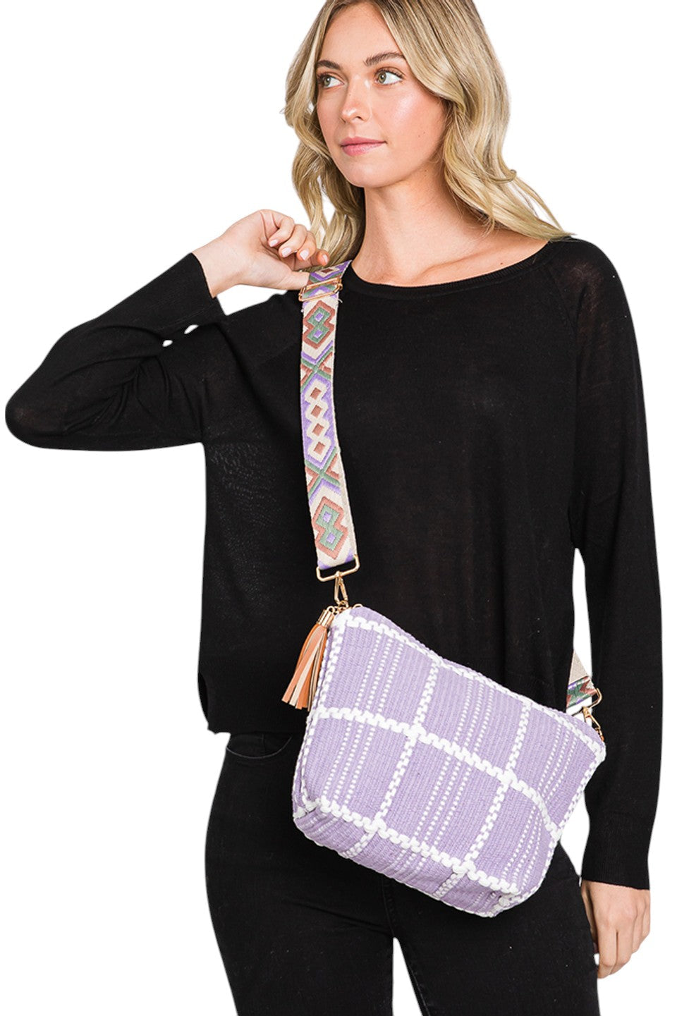 Checked Pattern Tassel Crossbody Bag