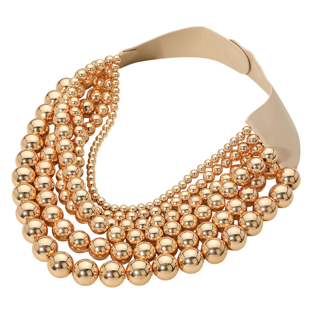 Women's Chunky Metal Ball Beaded Multi Layered Faux Leather Magnetic Statement Necklace