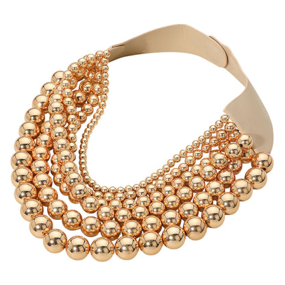 Women's Chunky Metal Ball Beaded Multi Layered Faux Leather Magnetic Statement Necklace