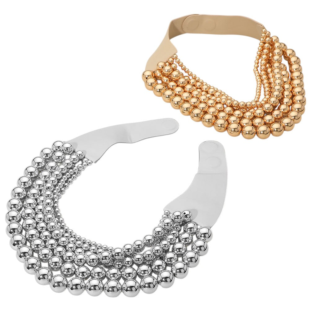 Women's Chunky Metal Ball Beaded Multi Layered Faux Leather Magnetic Statement Necklace