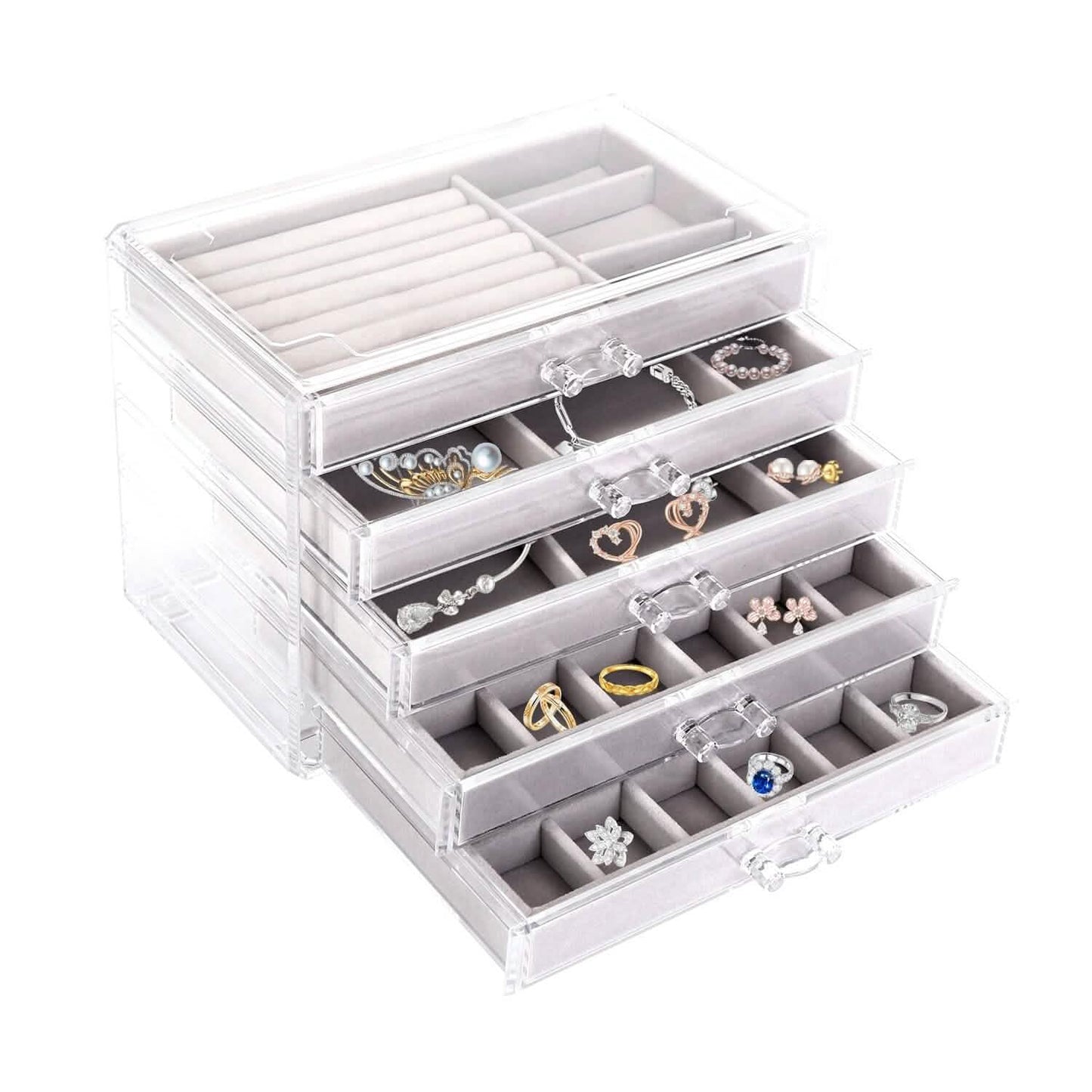 Organizador de joyero de acrílico transparente con 5 cajones apilables