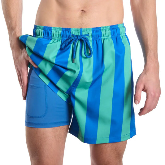 Cabaña Costera, pantalón corto híbrido de playa con estampado de océano y palmeras, bañador forrado con compresión y pantalón de resort