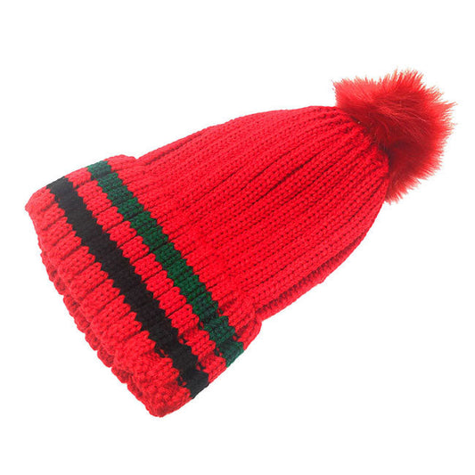 Color Block Acrylic Knit Pom Pom Warm Cozy Beanie Hat