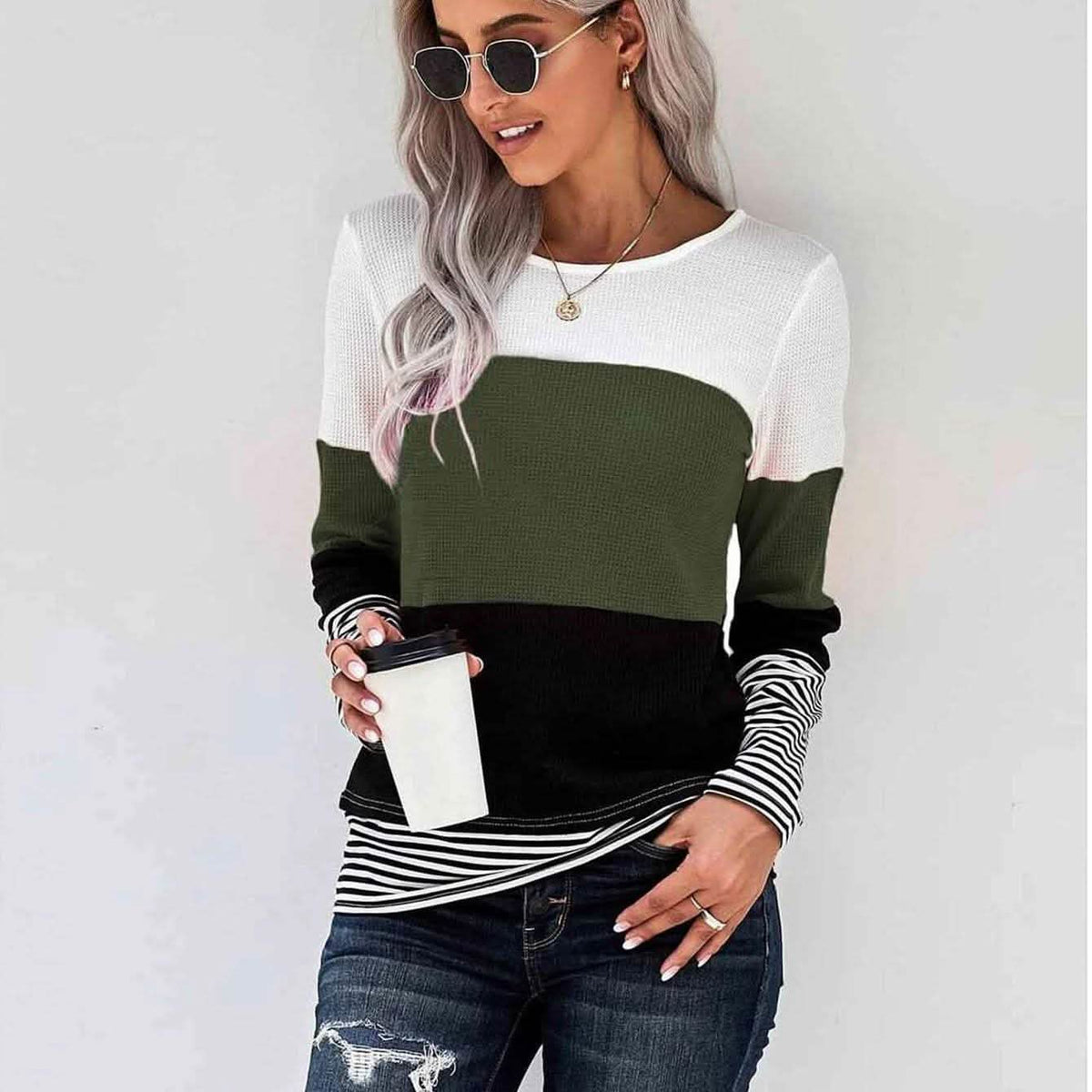 Camiseta con paneles a rayas de punto gofre colorblock