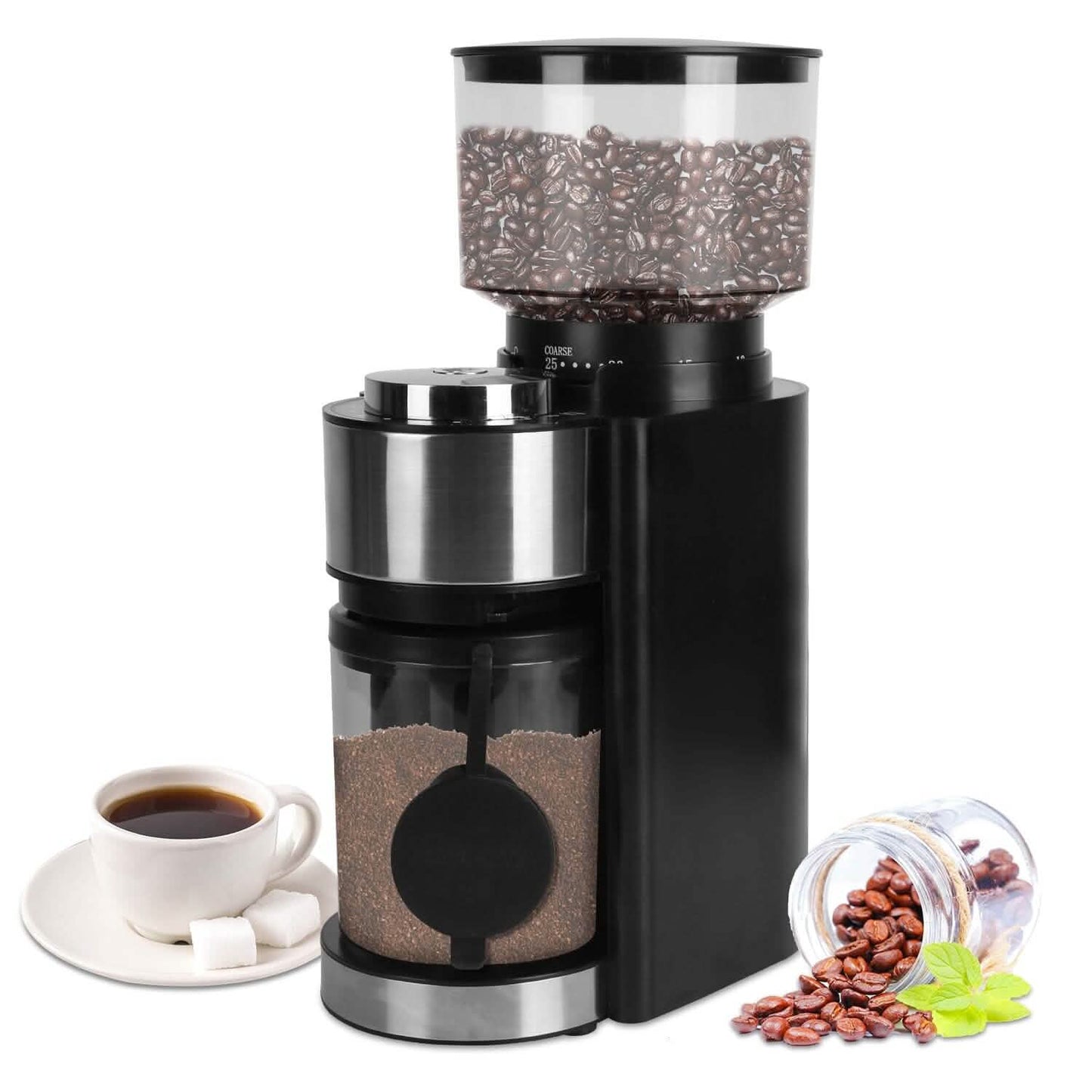 Molinillo eléctrico cónico de rebabas para granos de café con 25 ajustes de molido