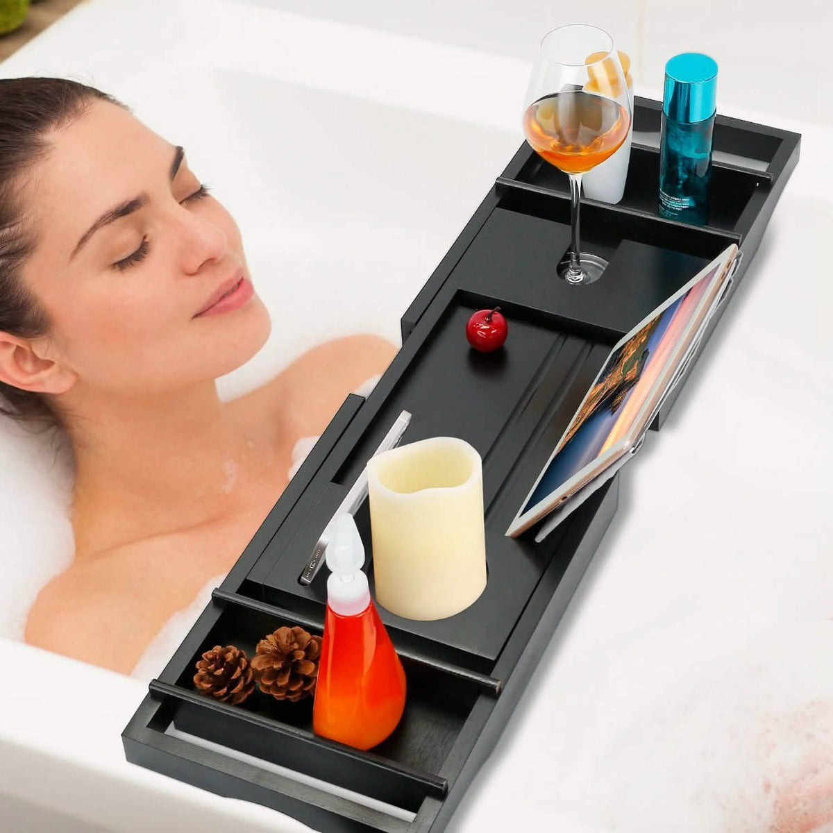 Bandeja de bambú artesanal para bañera, estante de lectura extensible