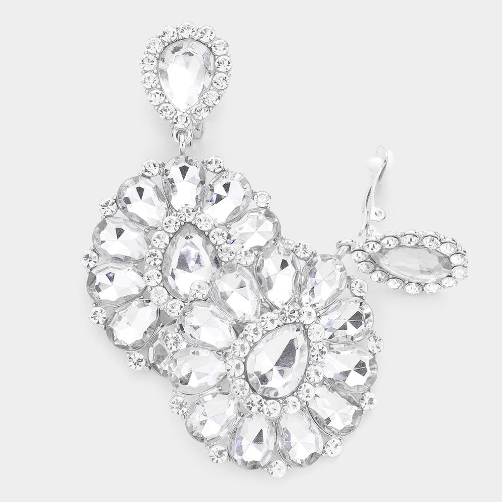 Crystal Teardrop Cluster Statement Clip on Earrings