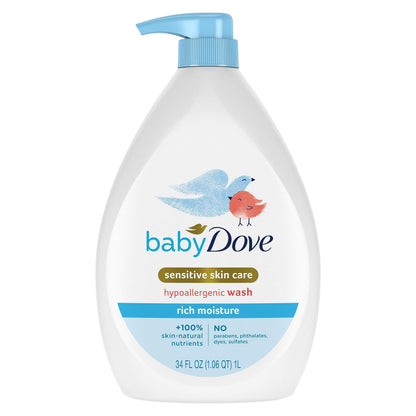 Baby Dove Cuidado de la piel sensible Lavado en espuma para la hora del baño del bebé Humectación enriquecida Sin lágrimas e hipoalergénico 34 oz