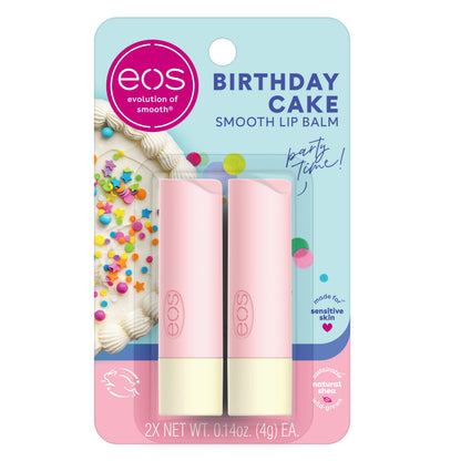 eos Bálsamo labial de karité natural - Pastel de cumpleaños Recomendado por dermatólogos para pieles sensibles Humectación durante todo el día Productos para el cuidado de los labios 0.14 onzas (paquete de 2)