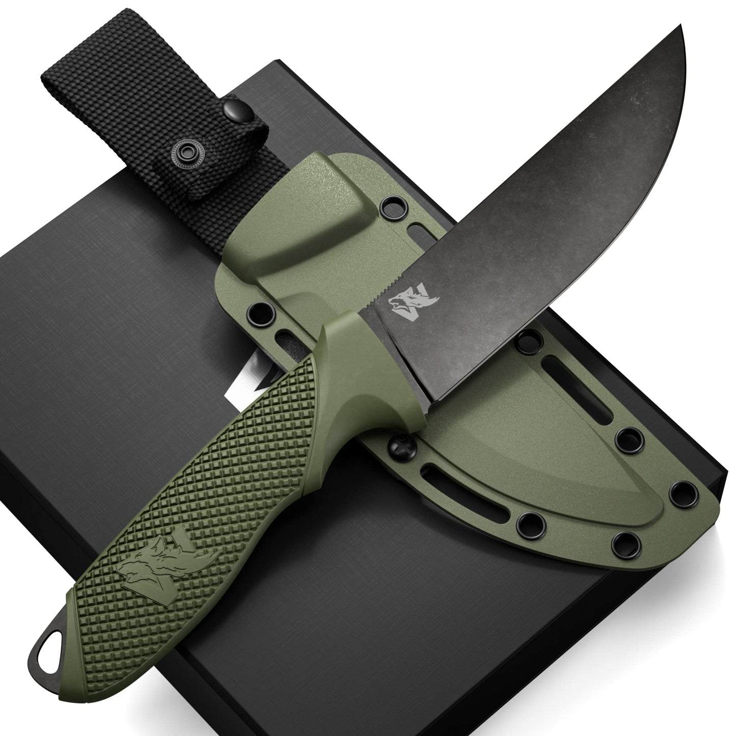 Cuchillo de Supervivencia de Espiga Completa ODENWOLF W-FLAT con Funda - Cuchillo Táctico de Hoja Fija con Estilo - Hecho de Acero D2 - Cuchillo de Supervivencia para Bushcraft y Camping - Cuchillo de Caza EDC Perfecto con Mango de TPE