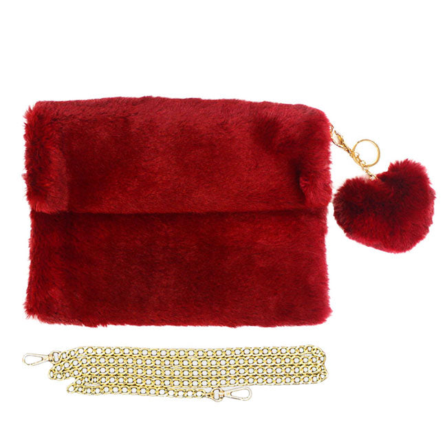 Detachable Heart Pom Pom Keychain Faux Fur Crossbody Bag