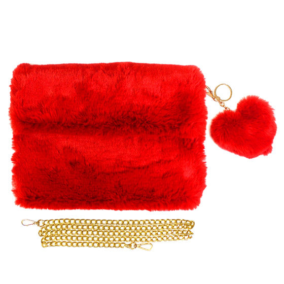 Detachable Heart Pom Pom Keychain Faux Fur Crossbody Bag