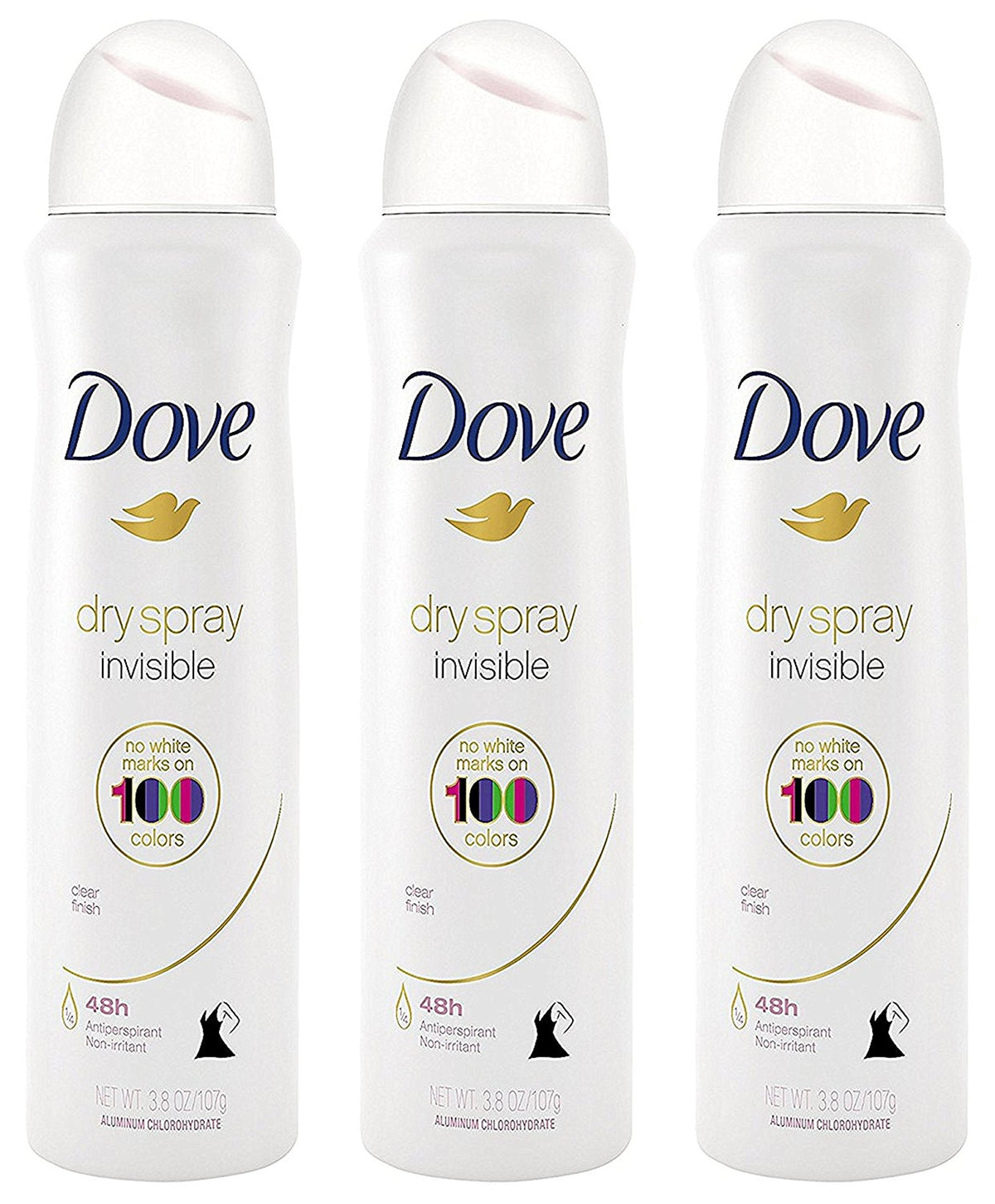 Dove Antitranspirante Dry Spray - Invisible - Acabado Transparente - 3.8 OZ (107 g) Por Lata - Paquete de 3 Latas