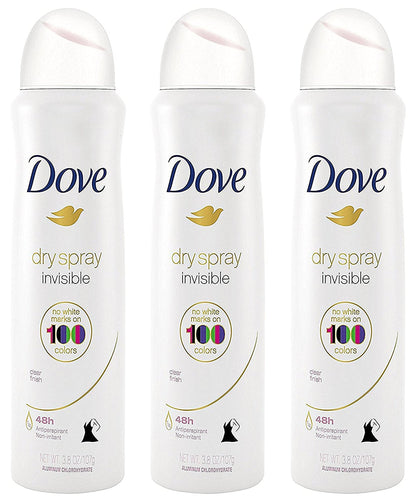 Dove Antitranspirante Dry Spray - Invisible - Acabado Transparente - 3.8 OZ (107 g) Por Lata - Paquete de 3 Latas