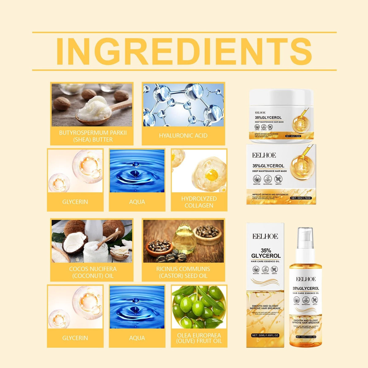 EELHOE Glicerina Nutritiva para el Cuidado del Cabello, Set para Reparar el Cabello Seco y para la Hidratación del Cabello