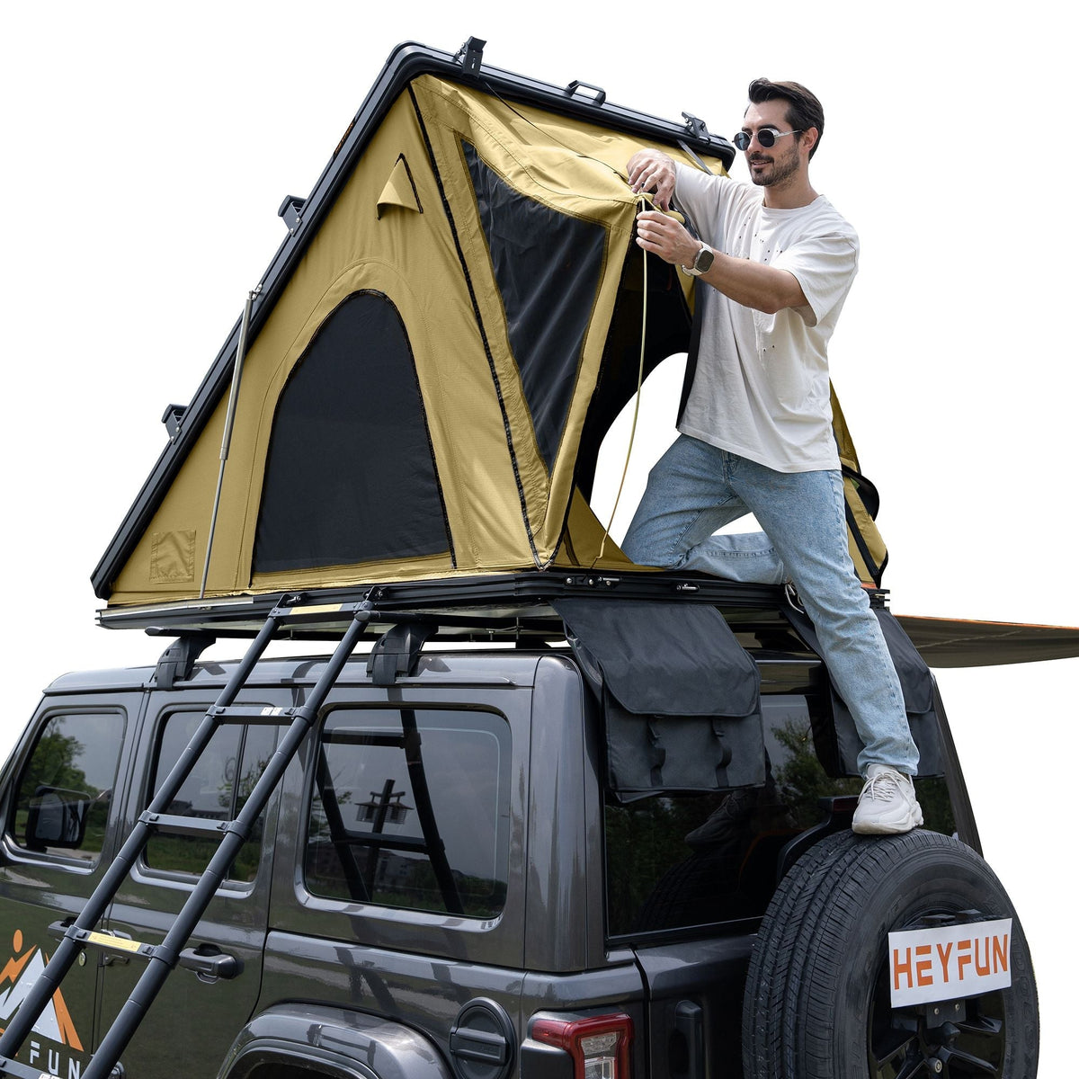 Explorer Plus Tienda de Techo Rígida con Toldo Lateral, Salida de Aire Acondicionado con Soporte, Portaequipajes y Cortina de Lluvia de Malla Reemplazable, Tienda para Caja de Camioneta para Camping, Tienda de Techo para SUV con Apertura Automática