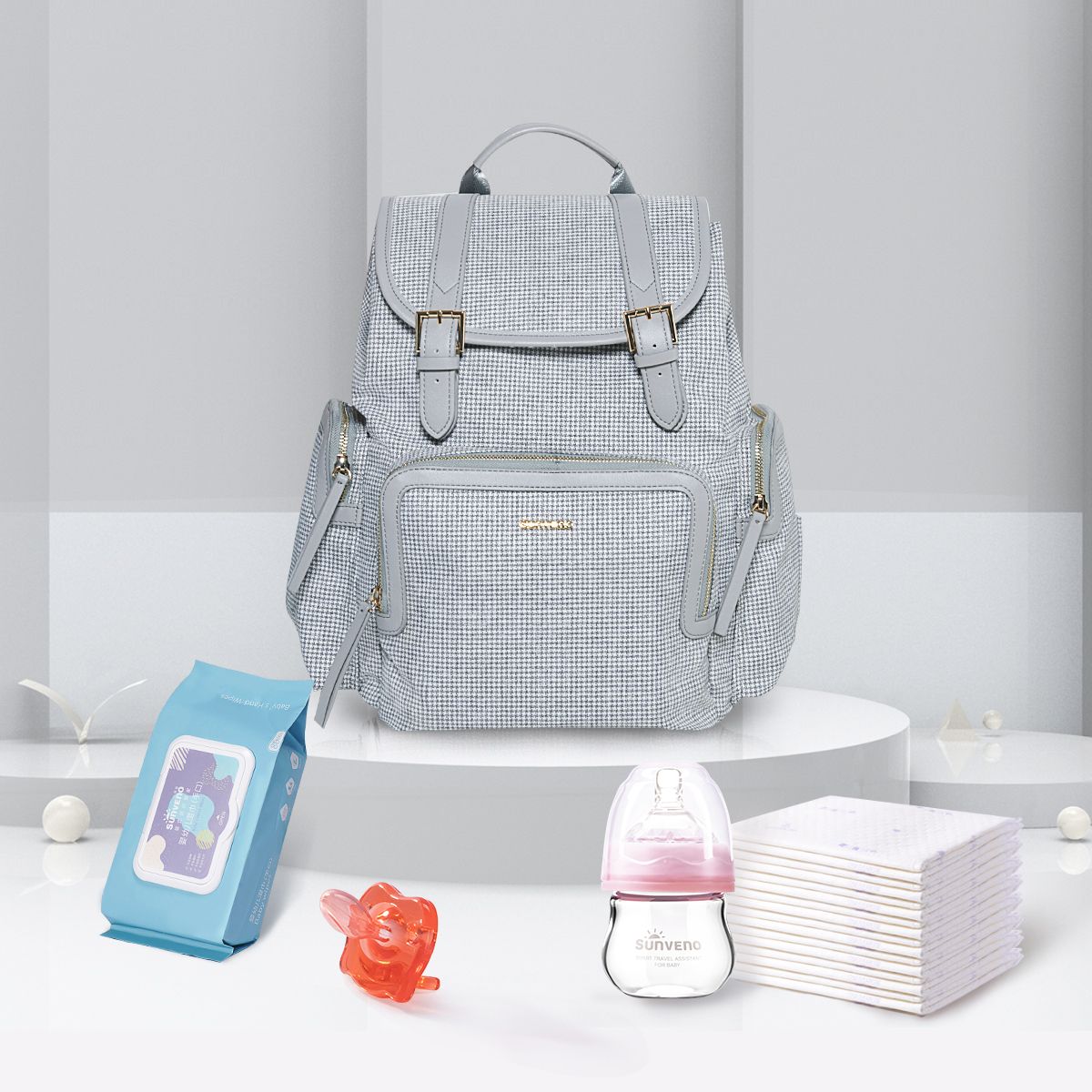 SUNVENO Mochila para pañales, bolso cambiador de bebé, bolsos de tweed para pañales de bebé, multifunción, impermeable para viajes